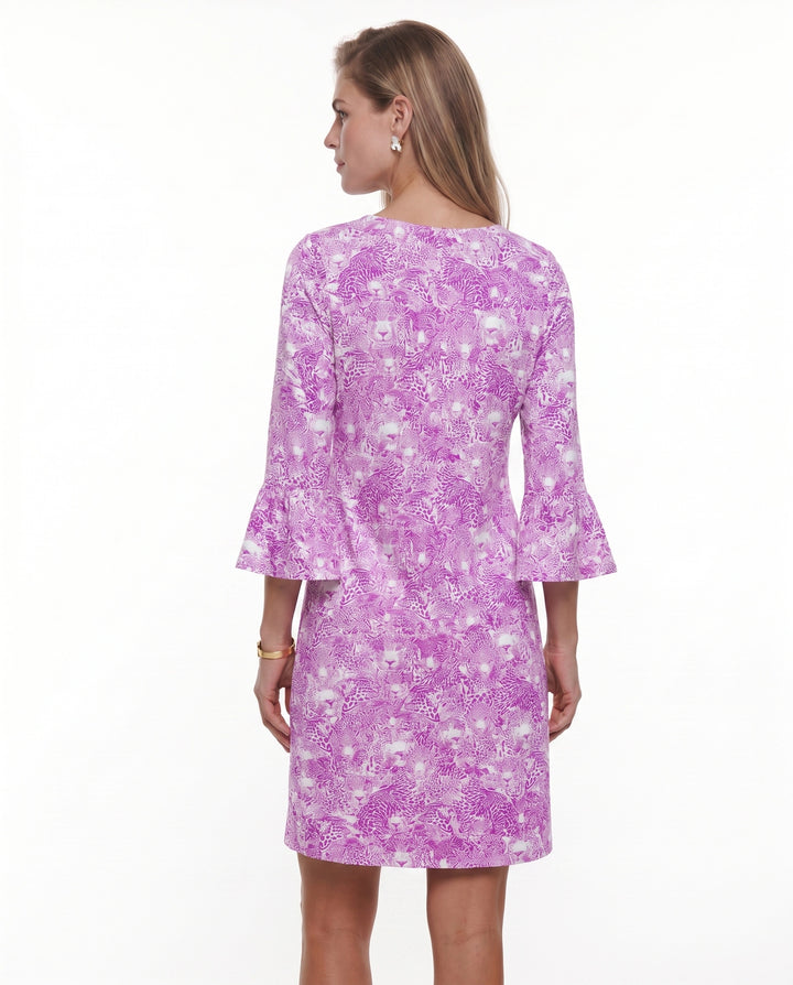 Wild Side Print Cotton Knit 3/4 Ruffle Sleeve Scoop Neck Dress (Regular Fit)