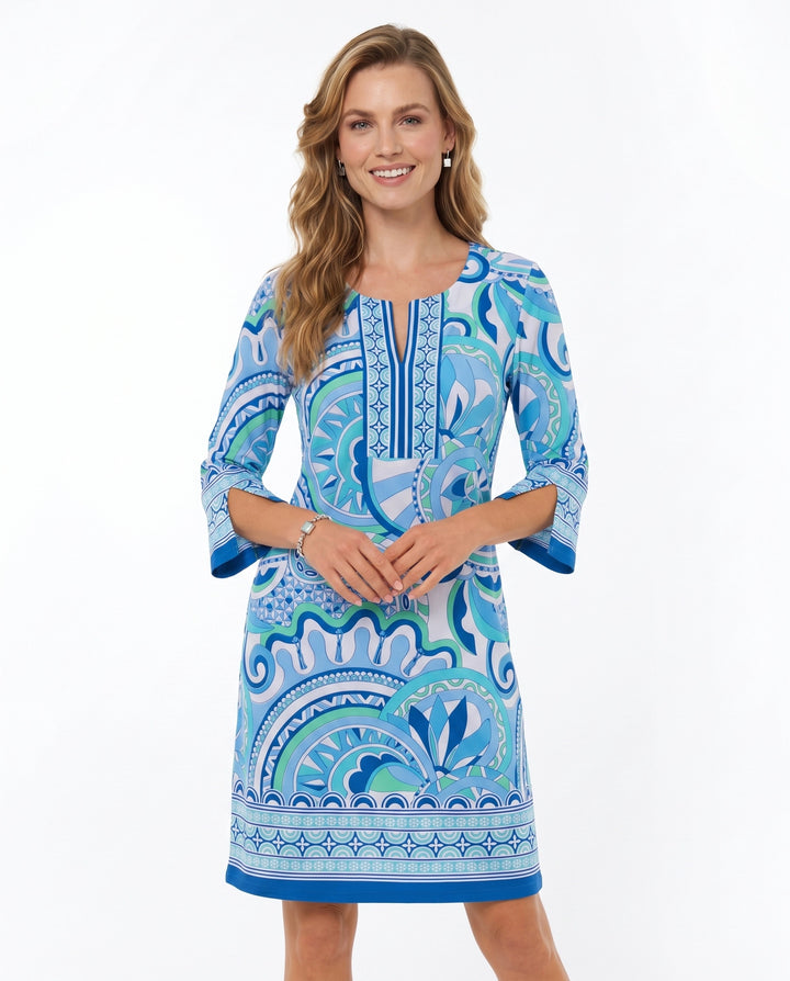 Mind Game Print Cotton Knit 3/4 Sleeve Slit Neck Dress (Regular Fit)