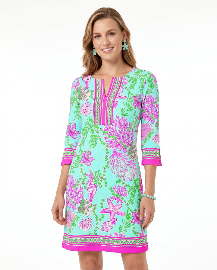 Bermuda Reef Print Cotton Knit 3/4 Sleeve Slit Neck Dress (Regular Fit)