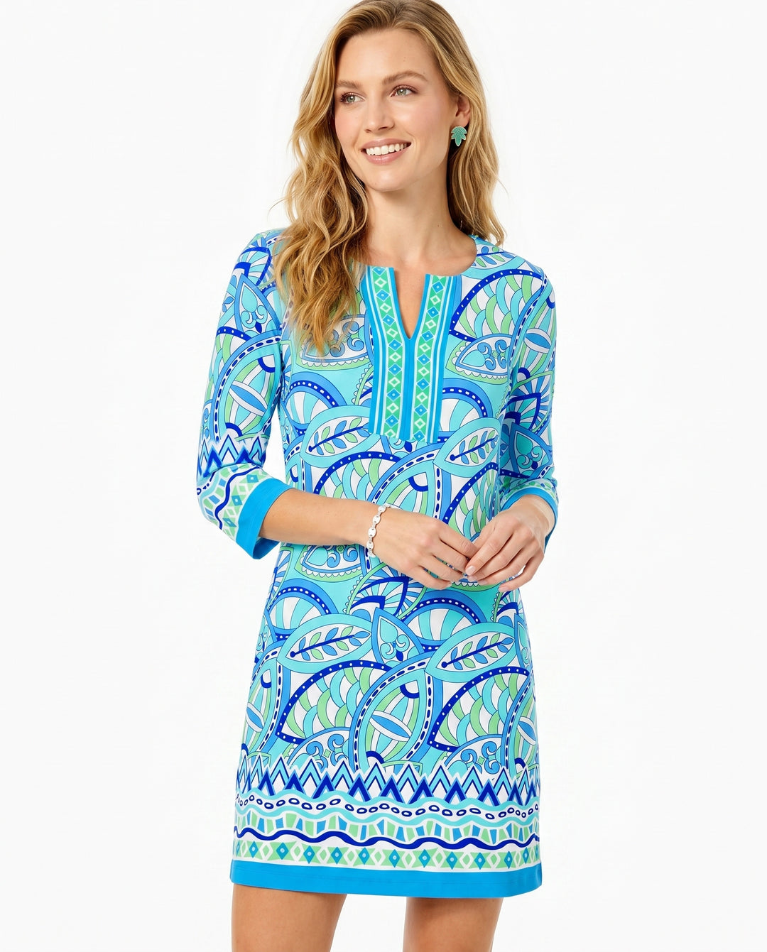 Valencia Print Cotton Knit 3/4 Sleeve Slit Neck Dress (Regular Fit)
