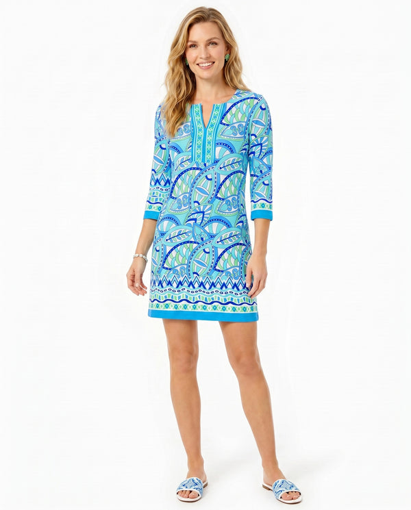 Valencia Print Cotton Knit 3/4 Sleeve Slit Neck Dress (Regular Fit)