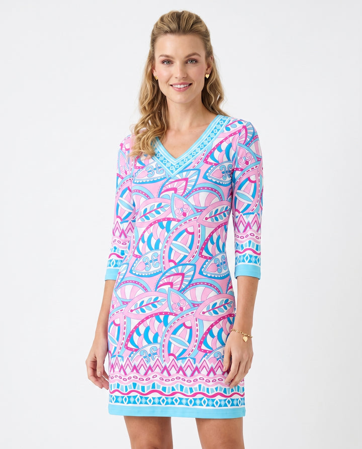 Valencia Print Cotton Knit 3/4 Sleeve V-Neck Dress (Regular Fit)