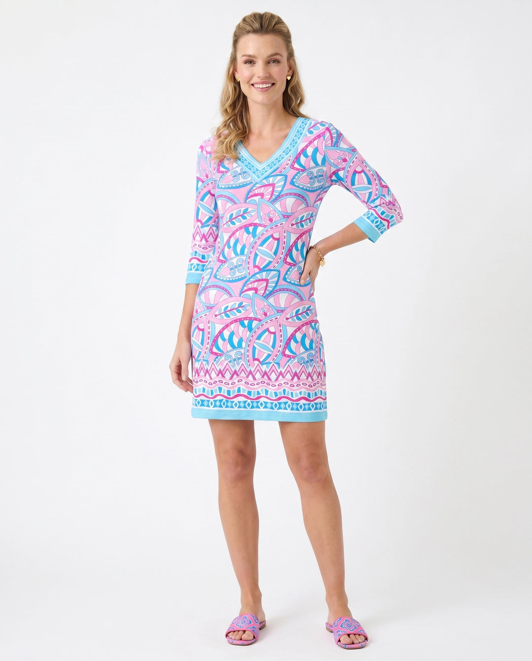 Valencia Print Cotton Knit 3/4 Sleeve V-Neck Dress (Regular Fit)