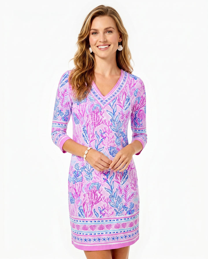 Deep Sea Print Cotton Knit 3/4 Sleeve V-Neck Dress (Regular Fit)