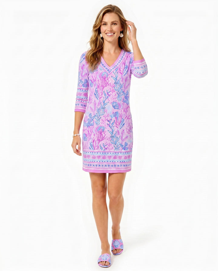 Deep Sea Print Cotton Knit 3/4 Sleeve V-Neck Dress (Regular Fit)
