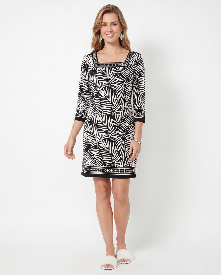 Kara Print Cotton Knit 3/4 Sleeve Square Neck Dress (Regular Fit)