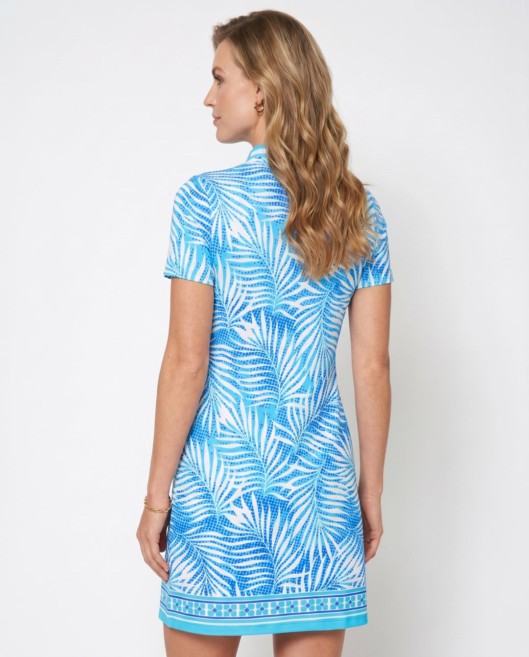 Kara Print Cotton Knit Short Sleeve V-Neck Placket Dress (Slim Fit)