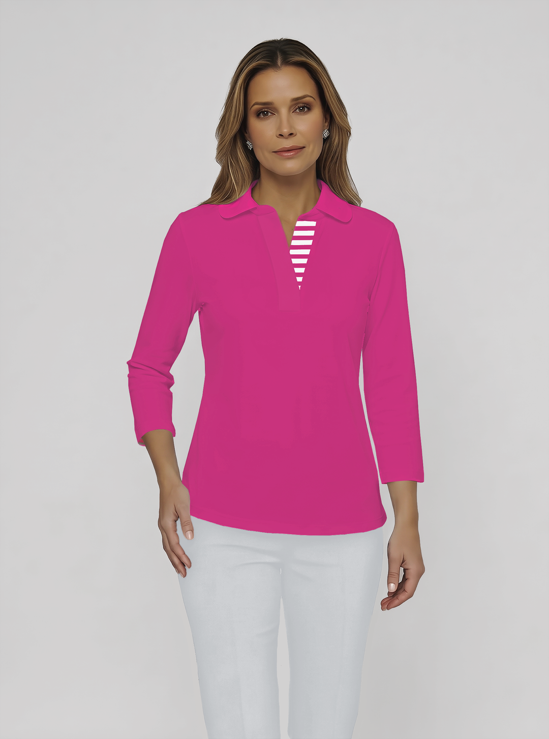 3/4 Cuff Sleeve Rounded Collar Poly Top