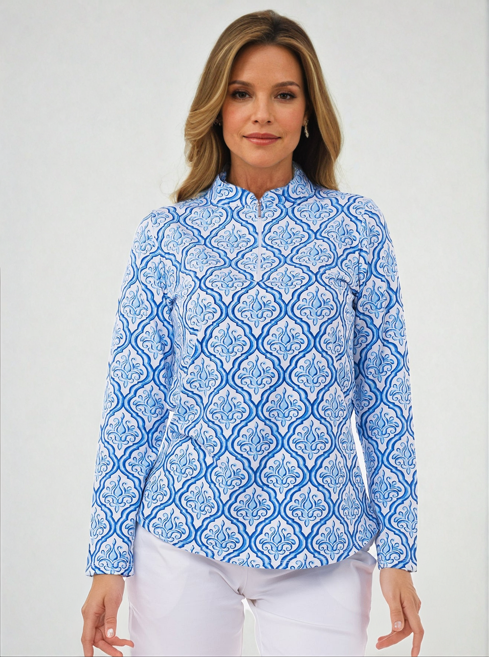 Karizma Print Cotton Knit Zip Mock Neck Top