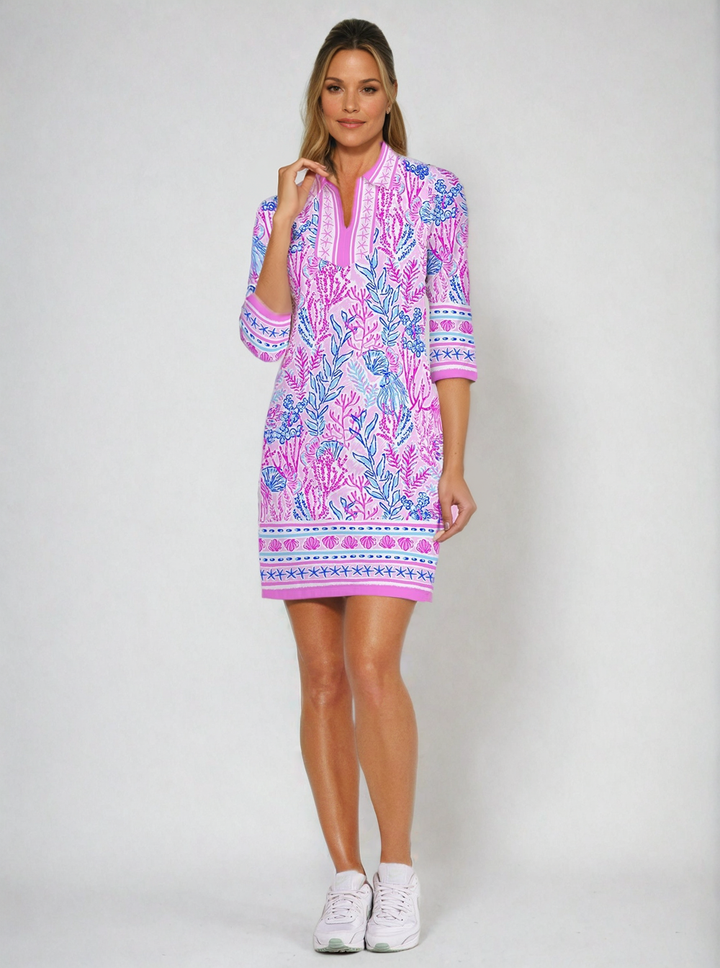 Deep Sea Print Cotton Knit 3/4 Sleeve Polo Neck Dress (Slim Fit)