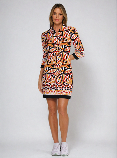 Valencia Print Cotton Knit 3/4 Sleeve Polo Neck Dress