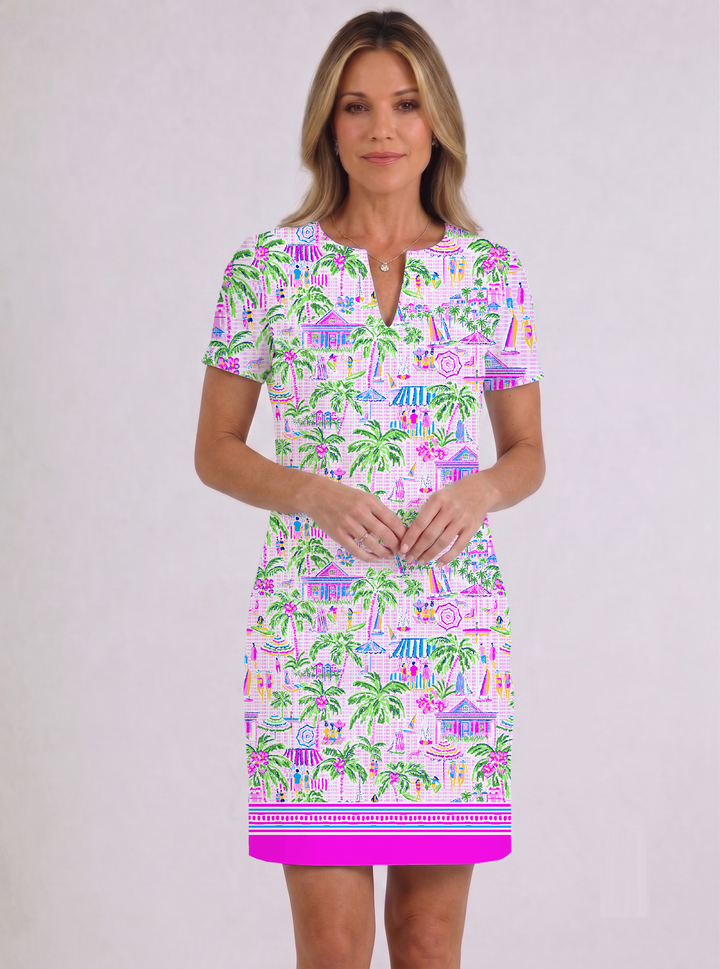 Lifestyle Print Cotton Knit Half Sleeve Palm Beach Shift Dress (Slim Fit)