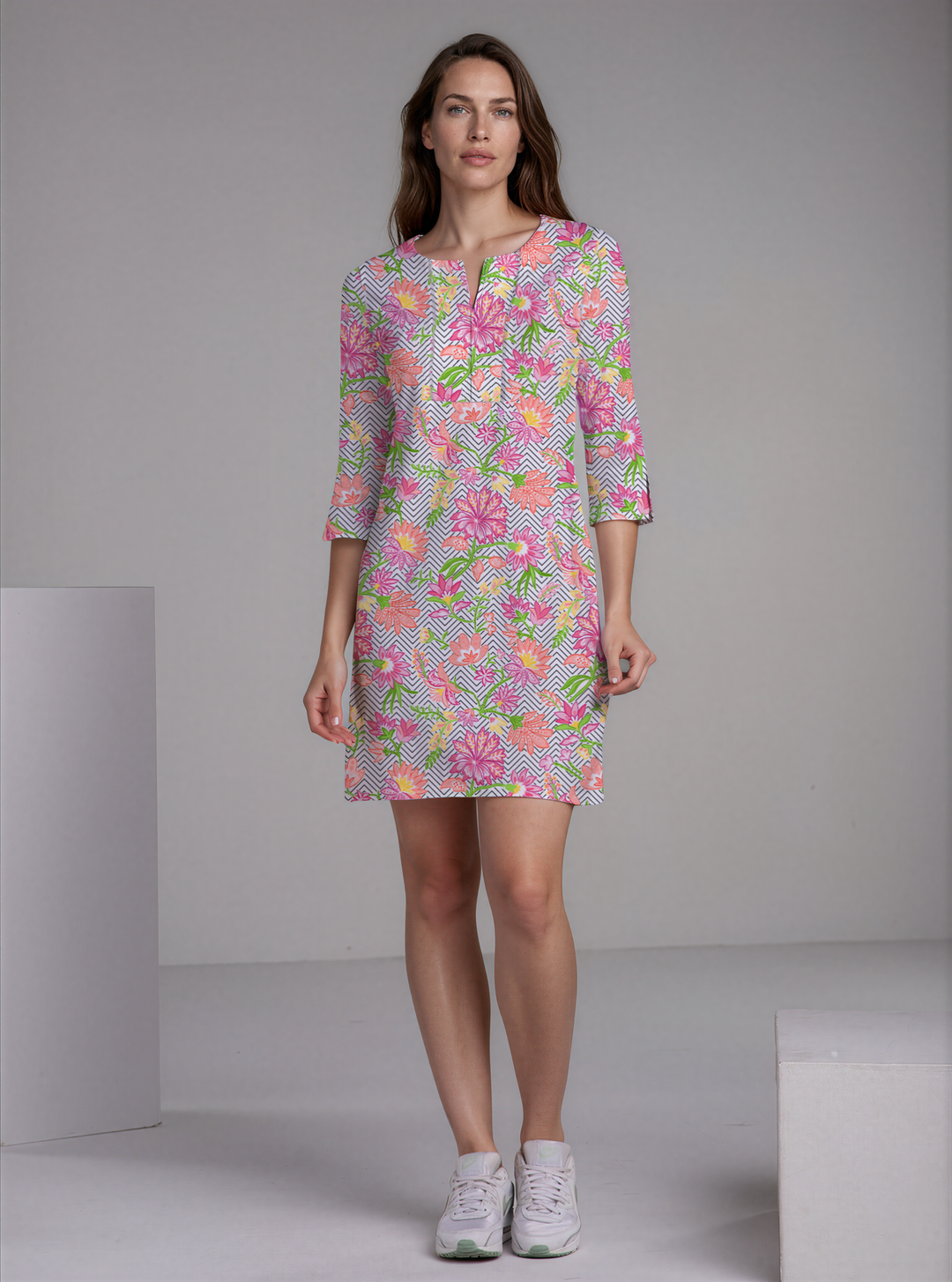 Luna Flora Printed 3/4 Sleeve Slit Neck Poly Dress (Regular Fit)
