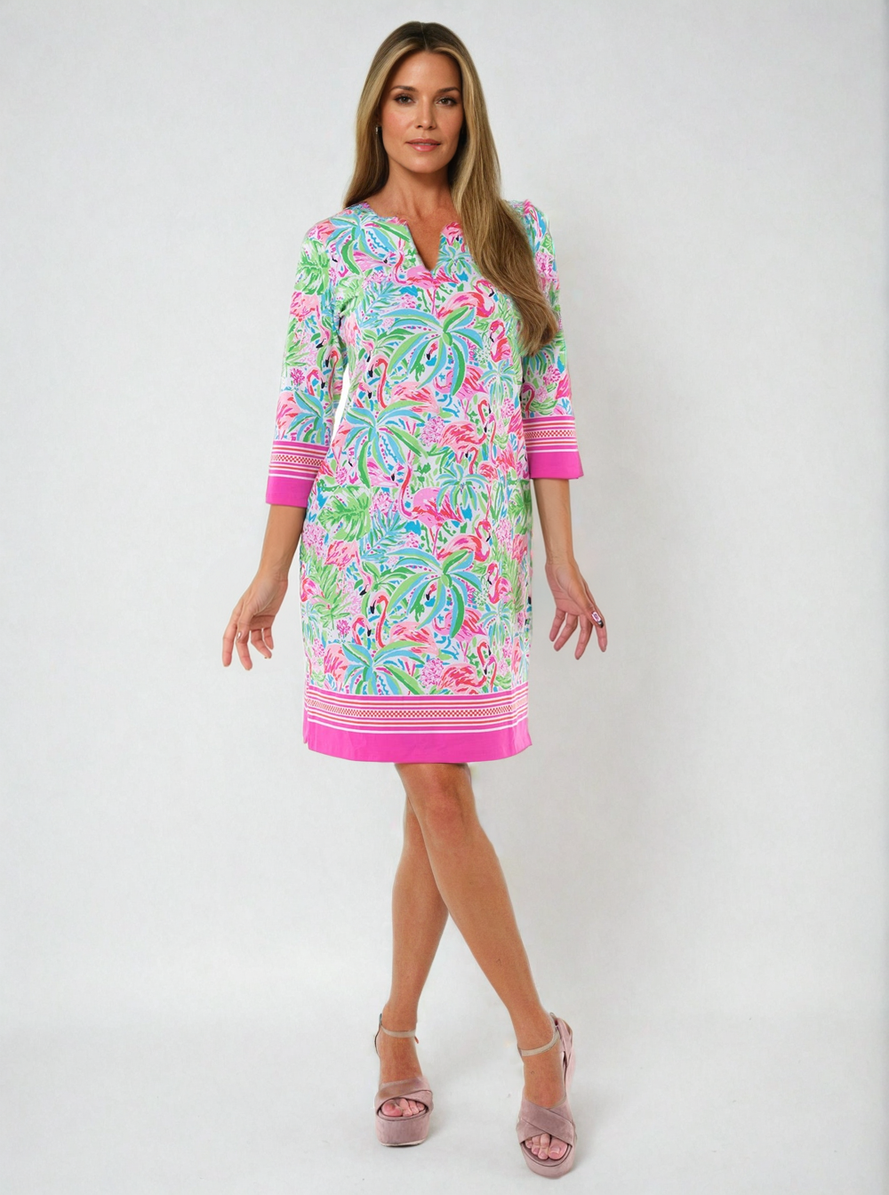 Flamingo Foliage Print Cotton Knit 3/4 Sleeve Palm Beach Shift Dress