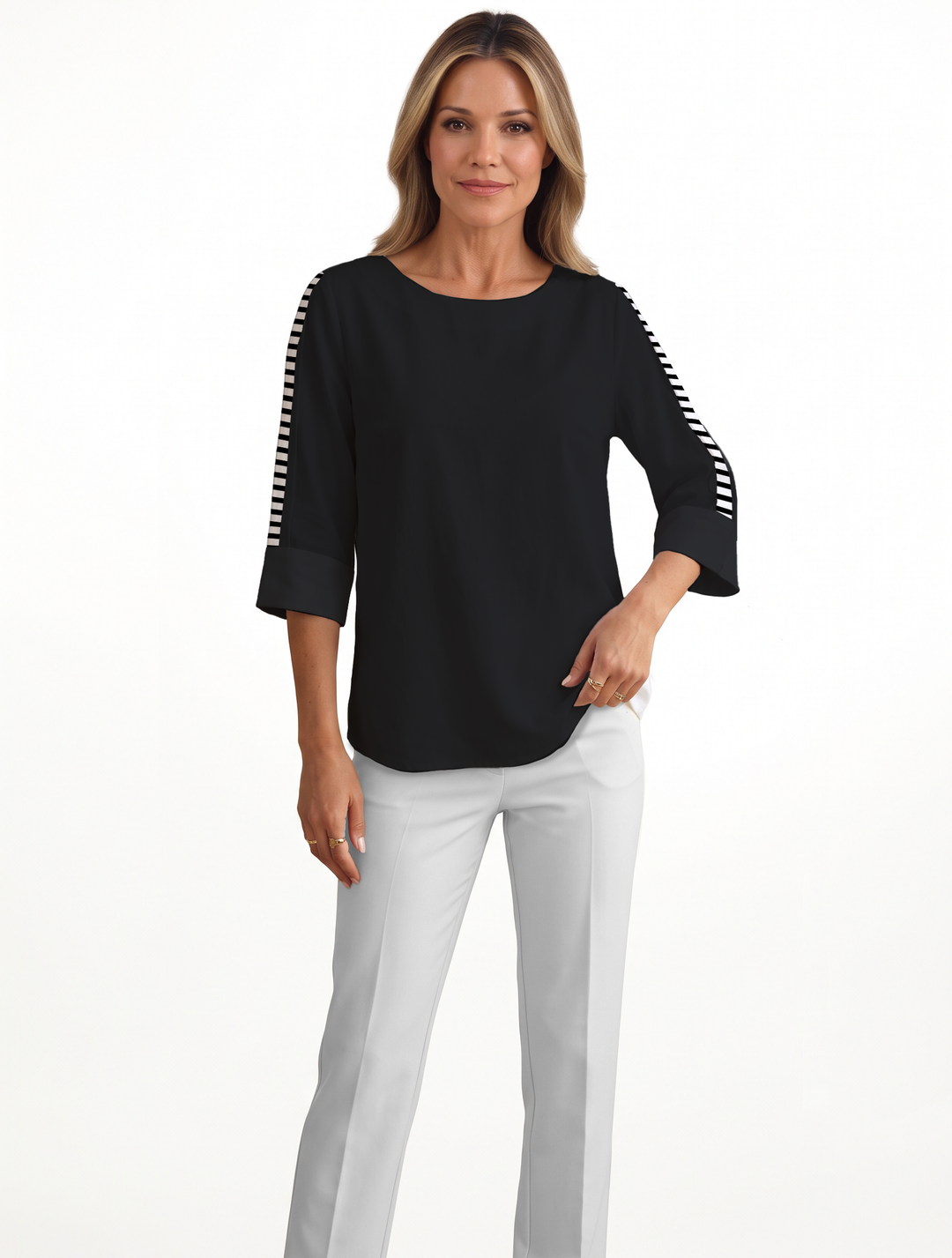3/4 Trimmed Stripe Sleeve Crew Neck Long Poly Top