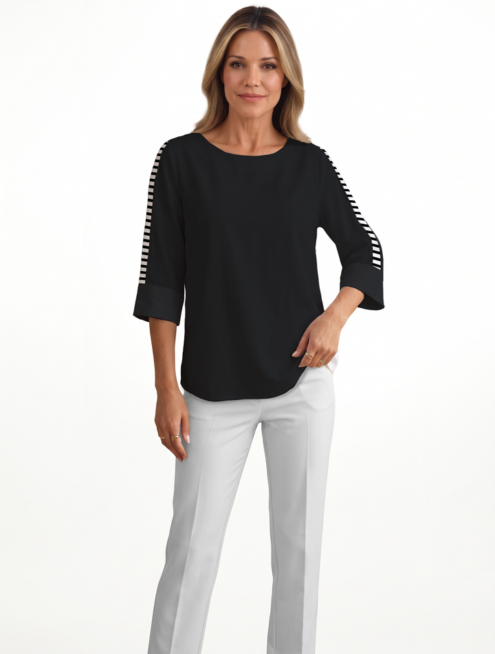 3/4 Trimmed Stripe Sleeve Crew Neck Long Poly Top