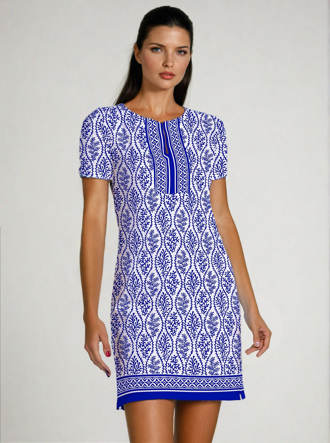 St. Lucia Print Cotton Knit Half Sleeve Slit Neck Dress