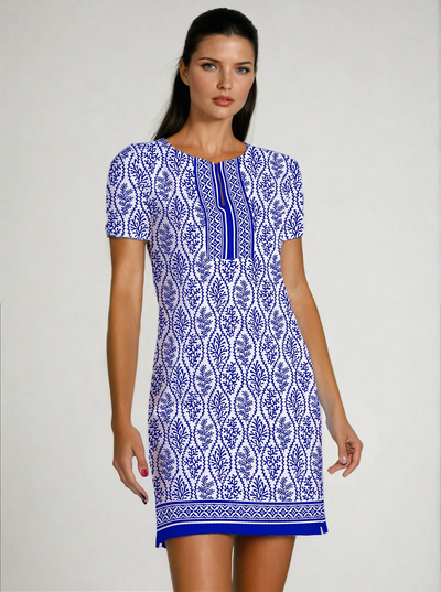 St. Lucia Print Cotton Knit Half Sleeve Slit Neck Dress