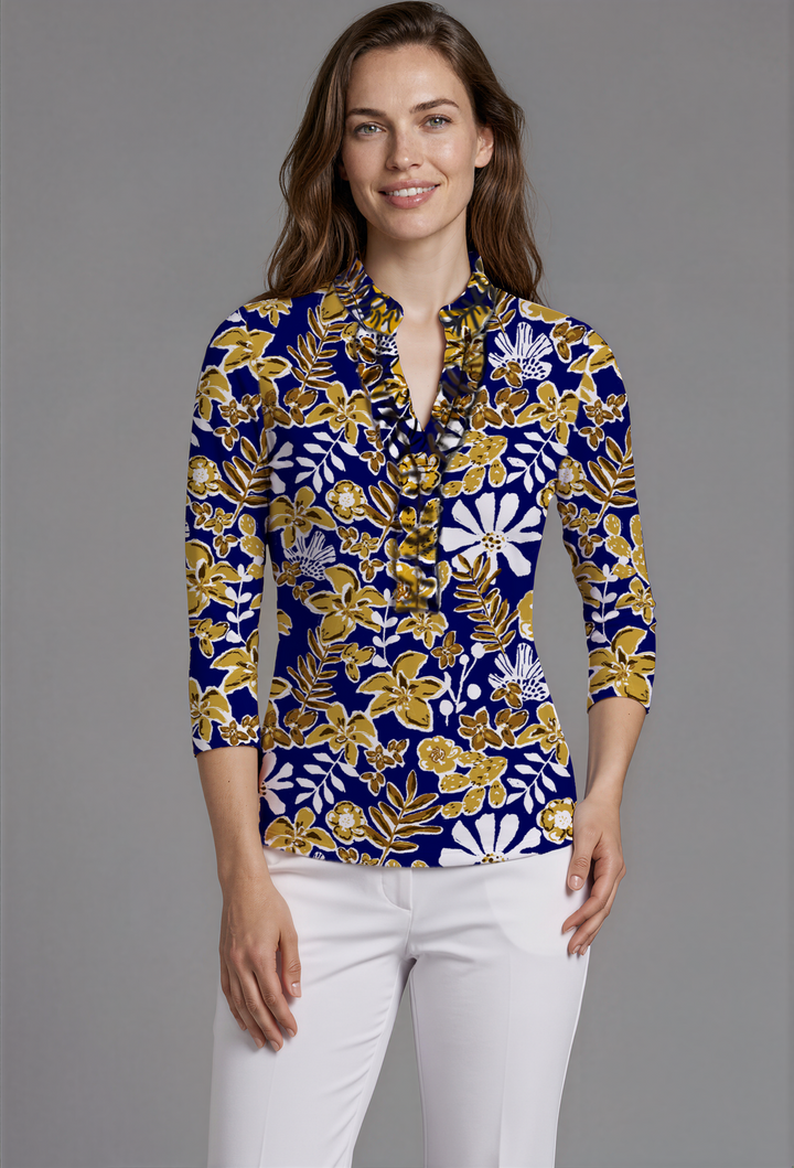 Paradise Island Print Cotton Knit 3/4 Sleeve Ruffle Collar Neck Top