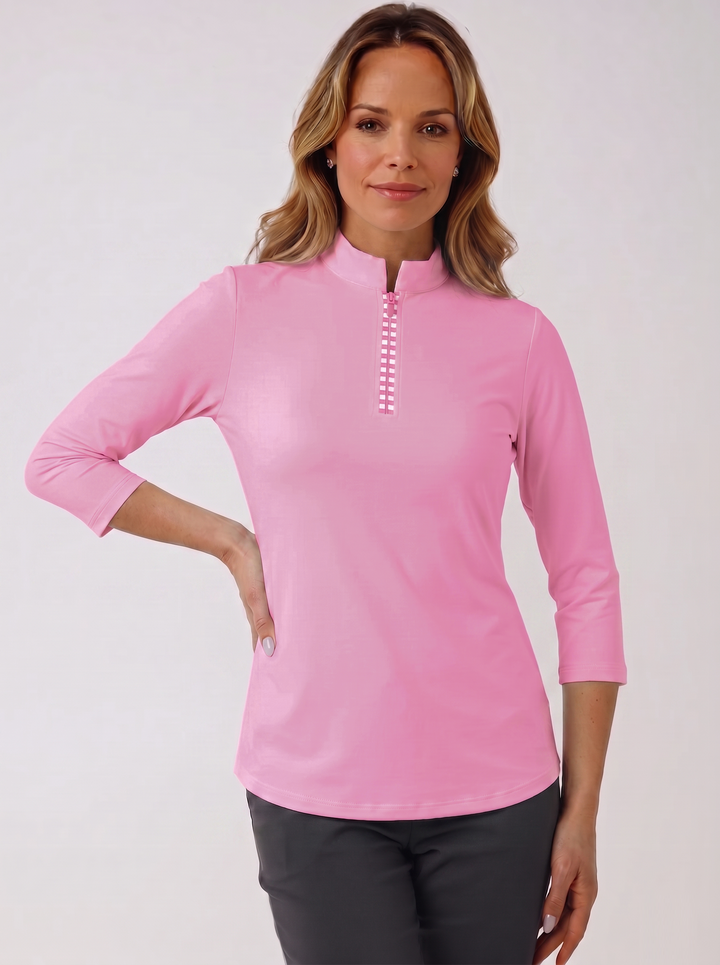 Solid Knit 3/4 Sleeve Zip Mock Neck Stripe Top