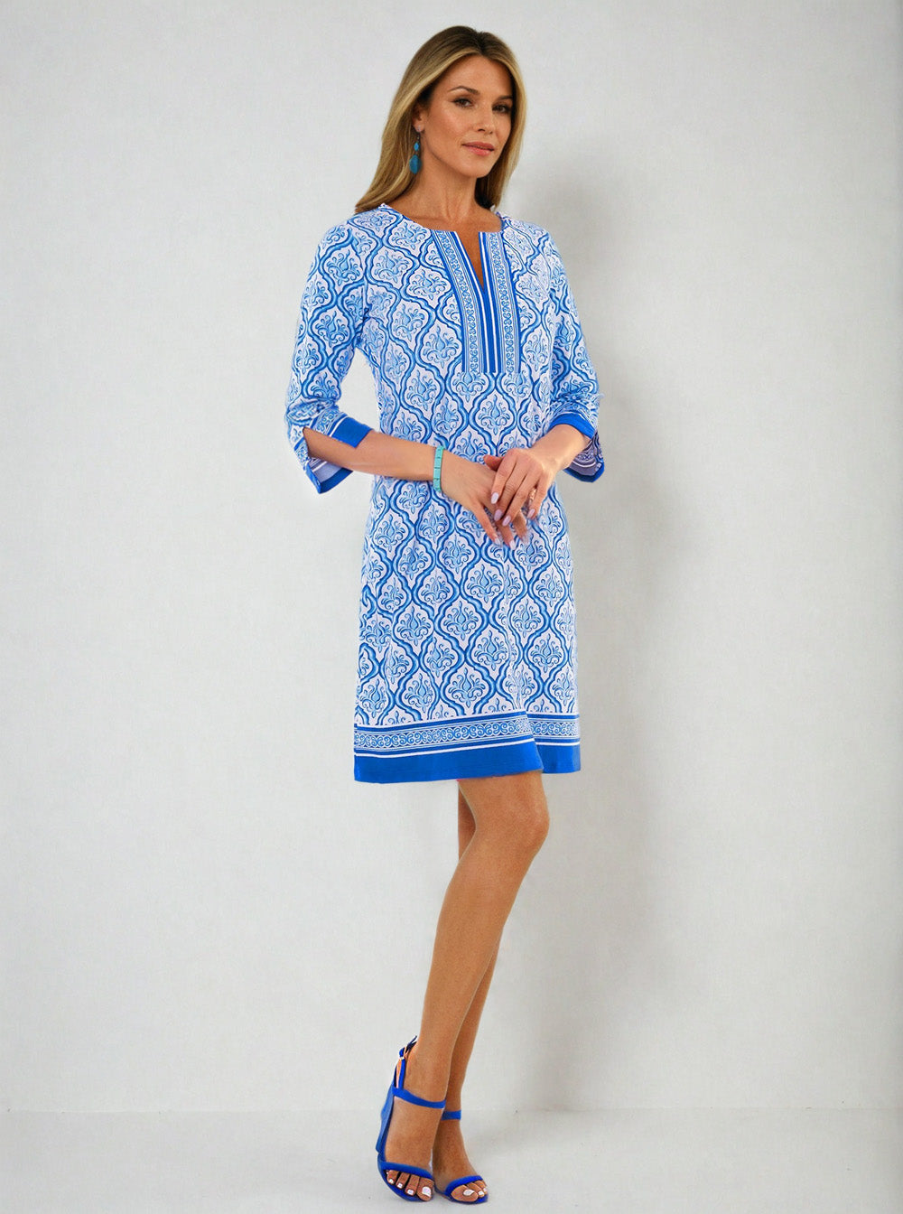 karizma Print Cotton Knit 3/4 Sleeve Slit Neck Dress