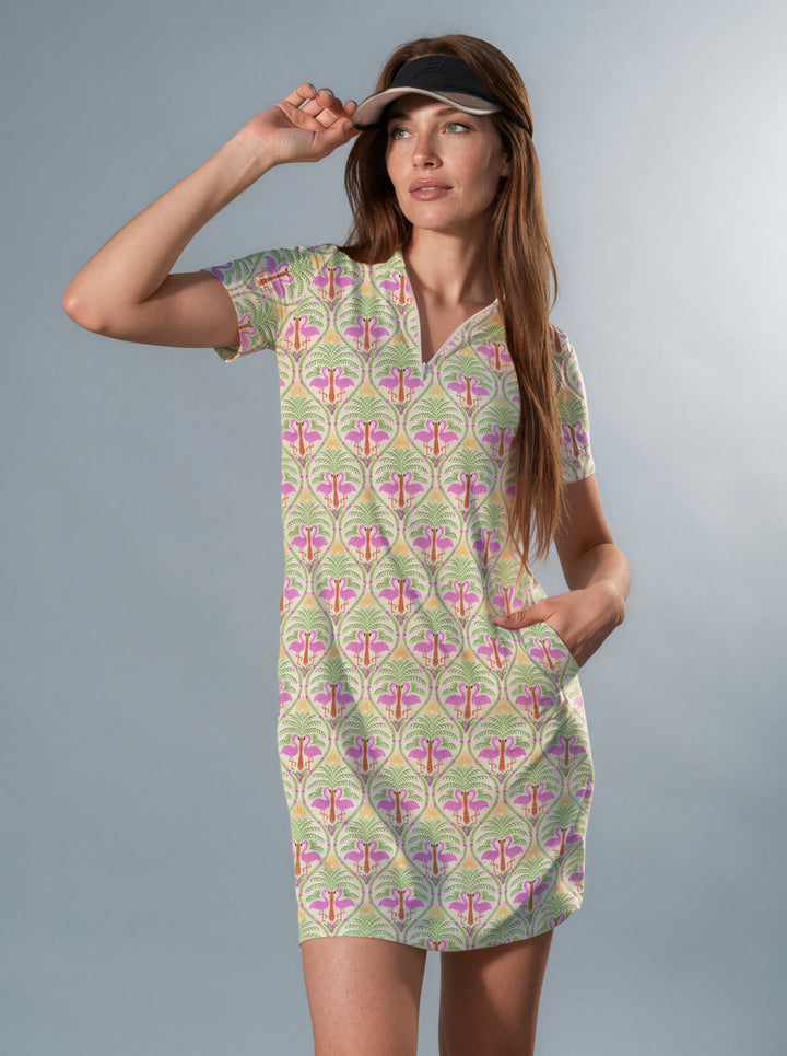 Flamingo Palm Short Sleeve Zip Mock Poly Dress
