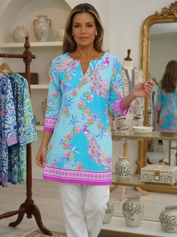 Preciosa Print Cotton Knit 3/4 Sleeve Notch Neck Tunic