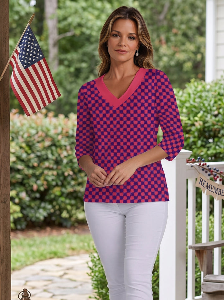 Checkboard Print Cotton Knit 3/4 Sleeve V-Neck Top