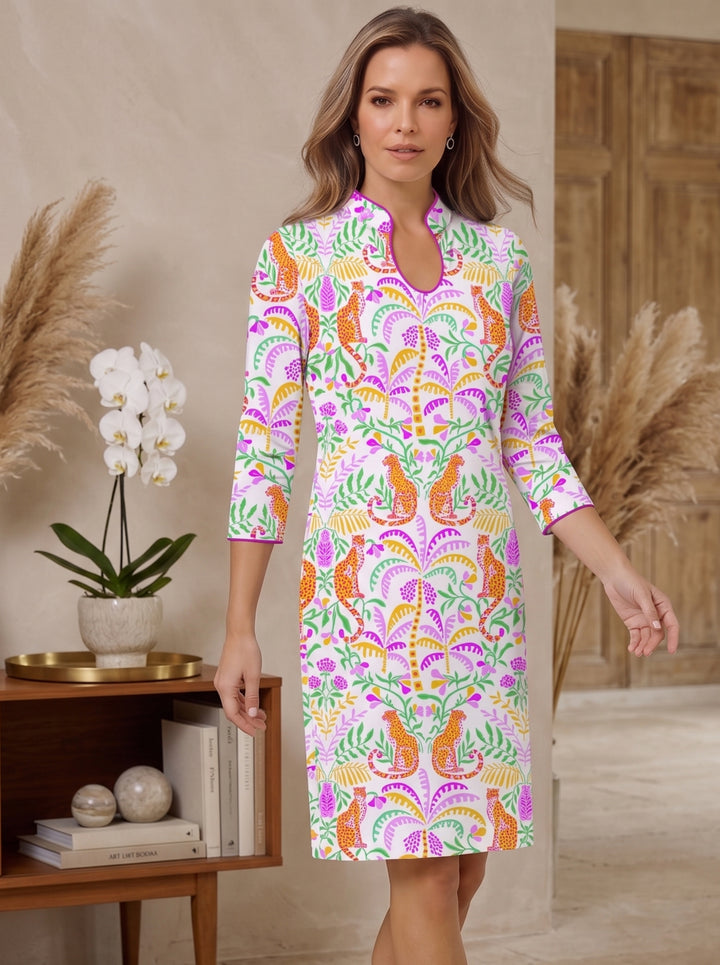 Cheetah in Bloom Print Cotton Knit 3/4 Slit Sleeve Horseshoe Neck Dress (Slim Fit)
