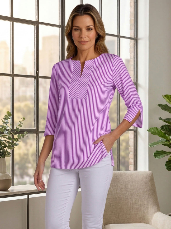 Vertical Stripe Print Cotton Knit 3/4 Sleeve Slit Neck Tunic