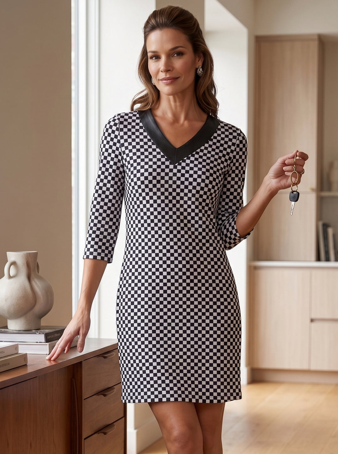 Checkered Print Cotton Knit 3/4 Sleeve V-Neck Dress (Regular Fit)
