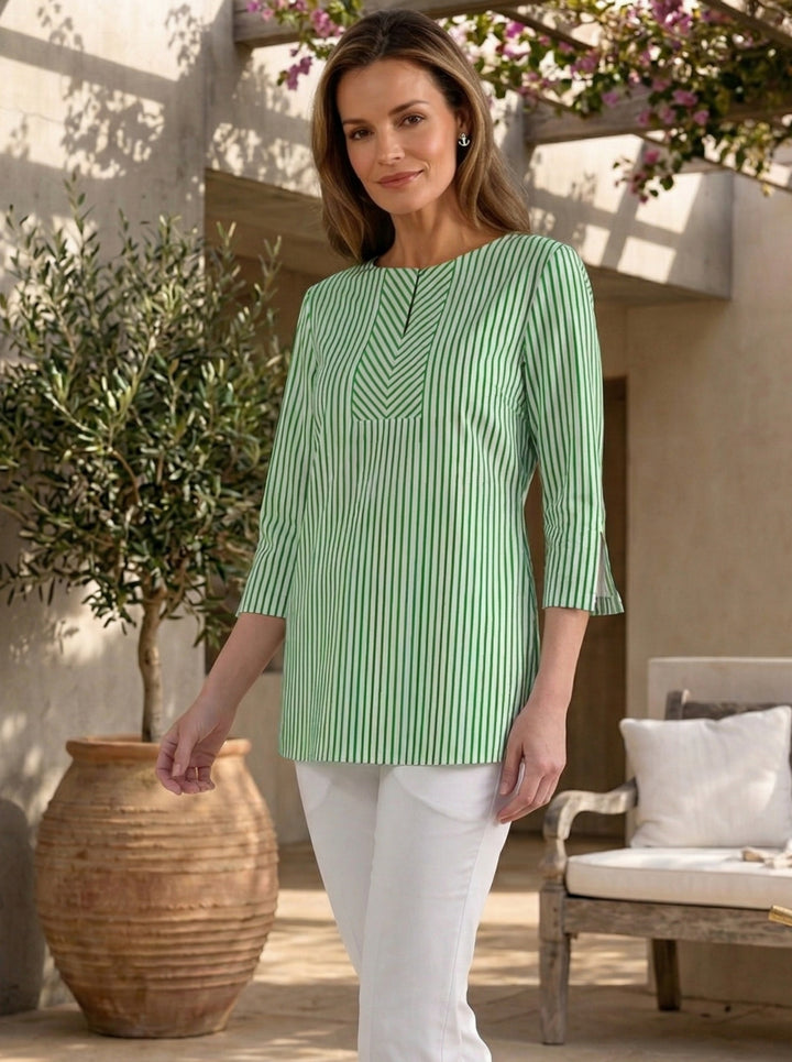 Vertical Stripe Print Cotton Knit 3/4 Sleeve Slit Neck Tunic