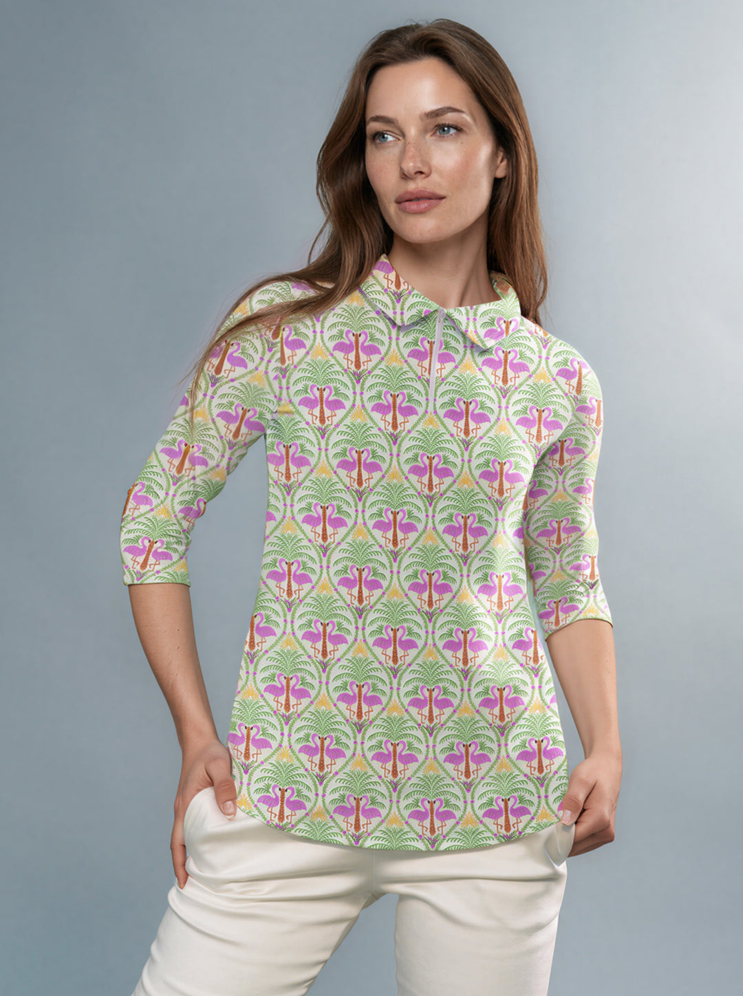 Flamingo Palm Printed 3/4 Sleeve Zip Polo Neck Poly Top