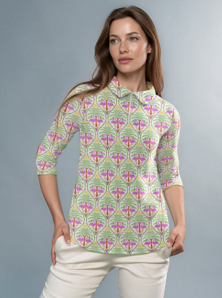Flamingo Palm Printed 3/4 Sleeve Zip Polo Neck Poly Top