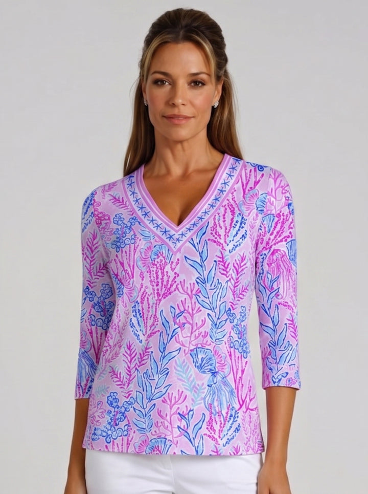 Deep Sea Print Cotton Knit 3/4 Sleeve V-Neck Top