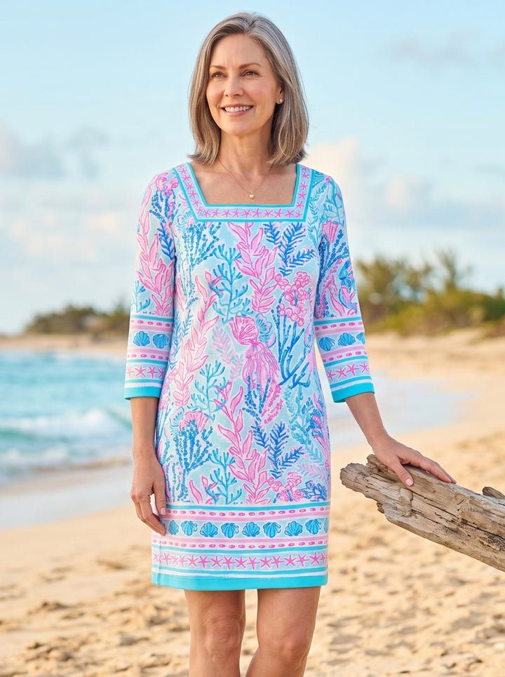 Deep Sea Print Cotton Knit 3/4 Sleeve Square Neck Dress (Regular Fit)