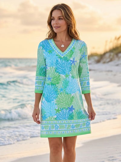3/4 Sleeve V-Neck Dress L / Turq Green