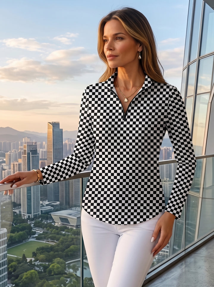 Checkered Print Cotton Knit Zip Mock Neck Top