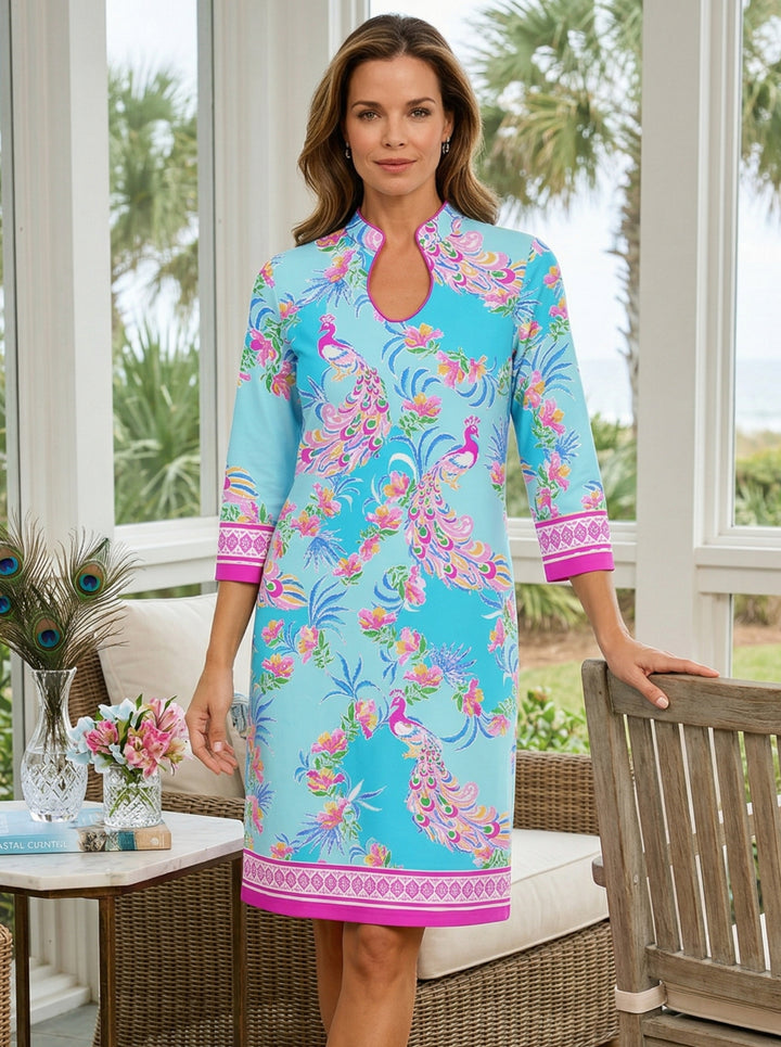 Preciosa Print Cotton Knit 3/4 Slit Sleeve Horseshoe Neck Dress (Slim Fit)