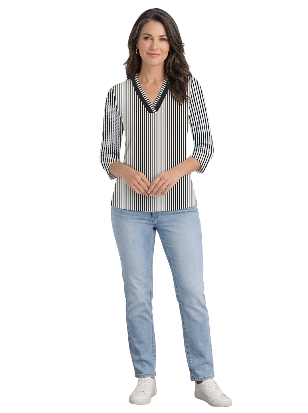 Vertical Stripe Print Cotton Knit 3/4 Sleeve V-Neck Top