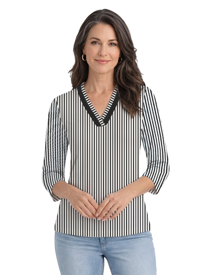 Vertical Stripe Print Cotton Knit 3/4 Sleeve V-Neck Top