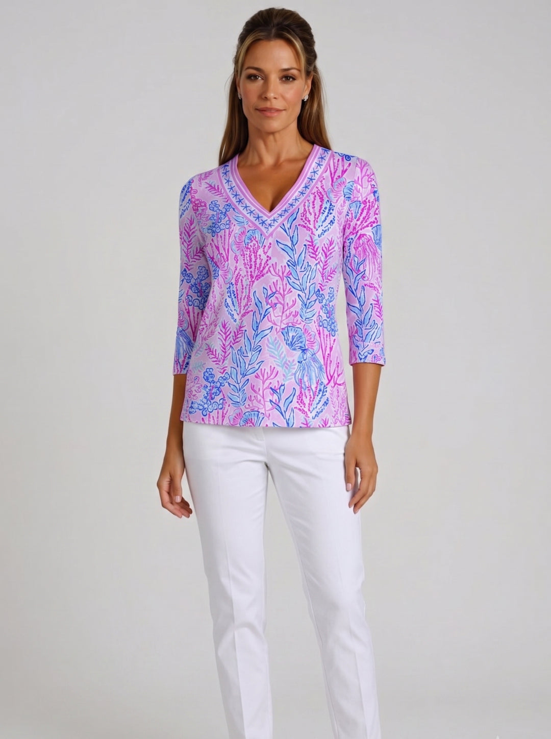 Deep Sea Print Cotton Knit 3/4 Sleeve V-Neck Top