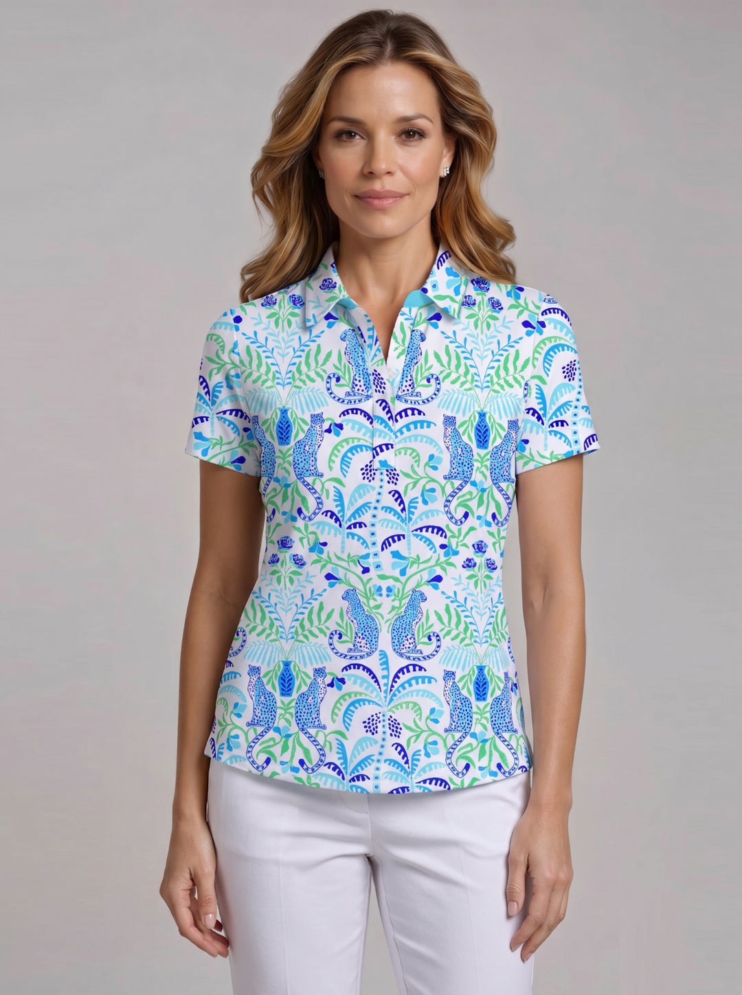 Cheetah in Bloom Cotton Knit Short Sleeve Collared Placket Top