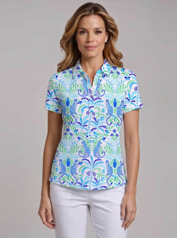 Cheetah in Bloom Cotton Knit Short Sleeve Collared Placket Top