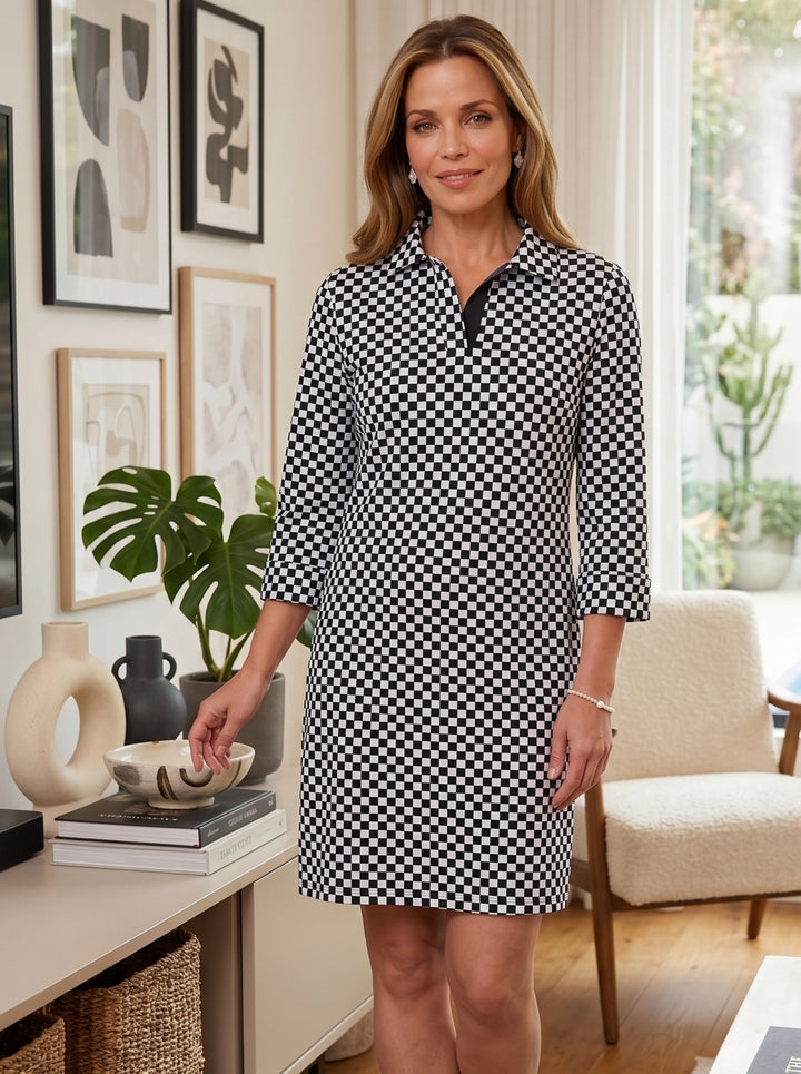 Checkered Print Cotton Knit 3/4 Sleeve Polo Neck Dress (Regular Fit)