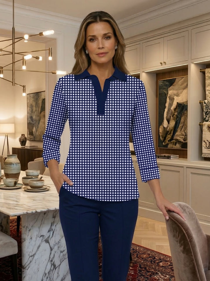 Check Print Cotton Knit 3/4 Cuff Sleeve Rounded Collar Top