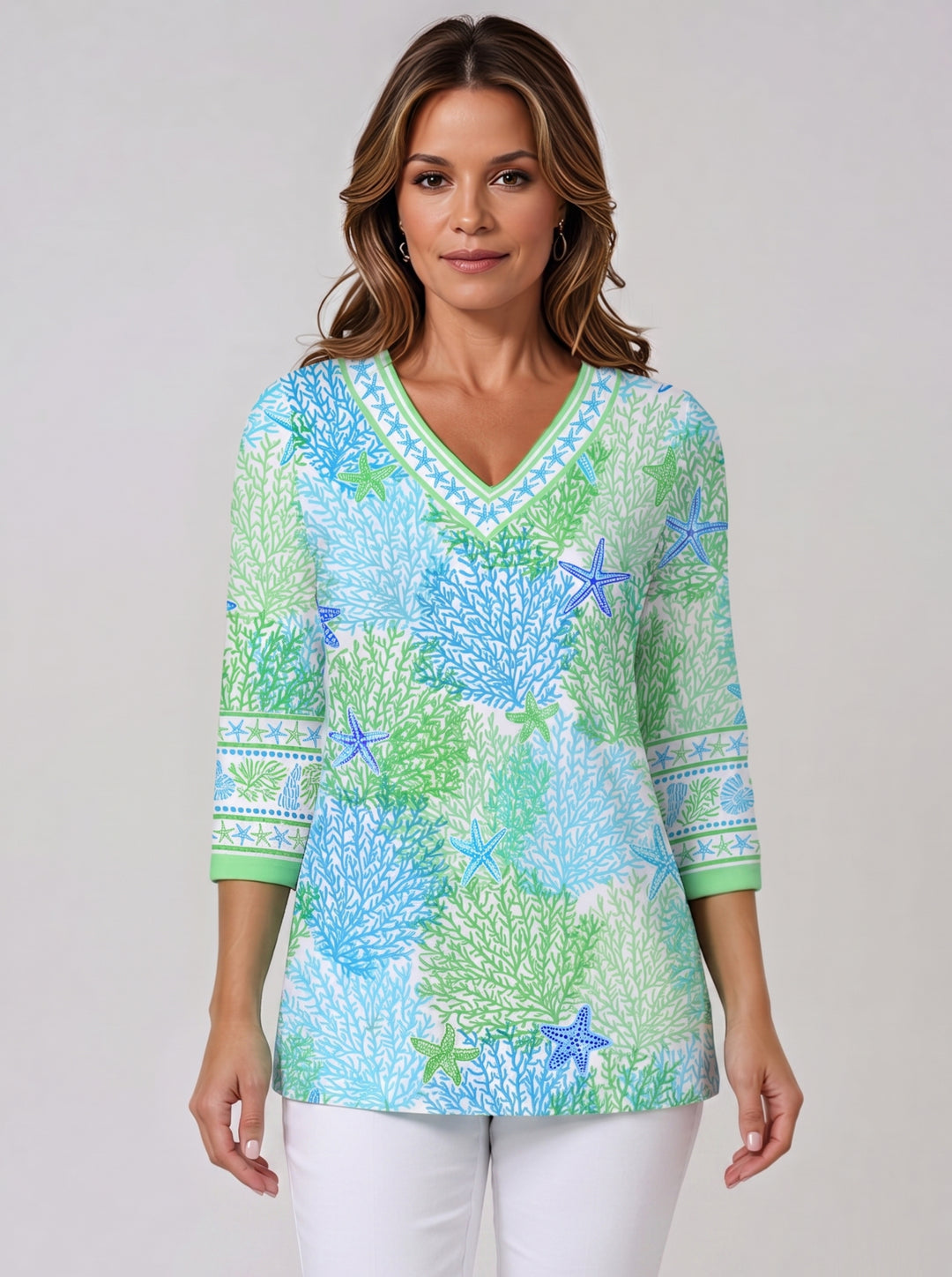 Bimini Dive Print Cotton Knit 3/4 Sleeve V-Neck Top