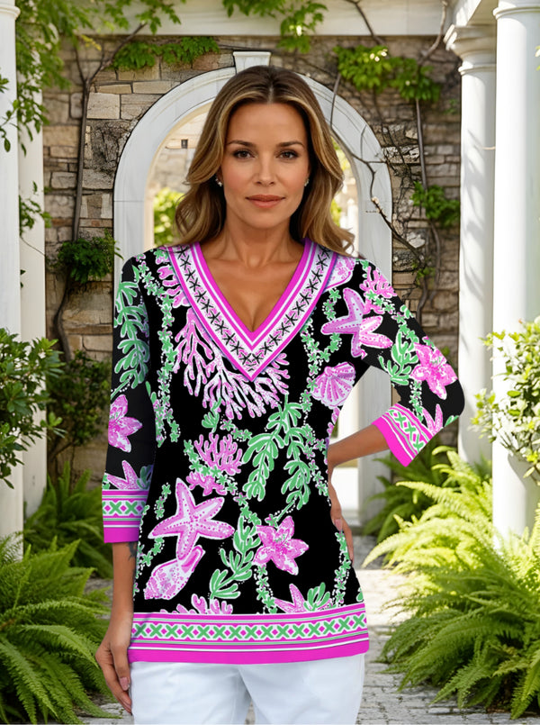Bermuda Reef Print Cotton Knit 3/4 Sleeve V-Neck Top