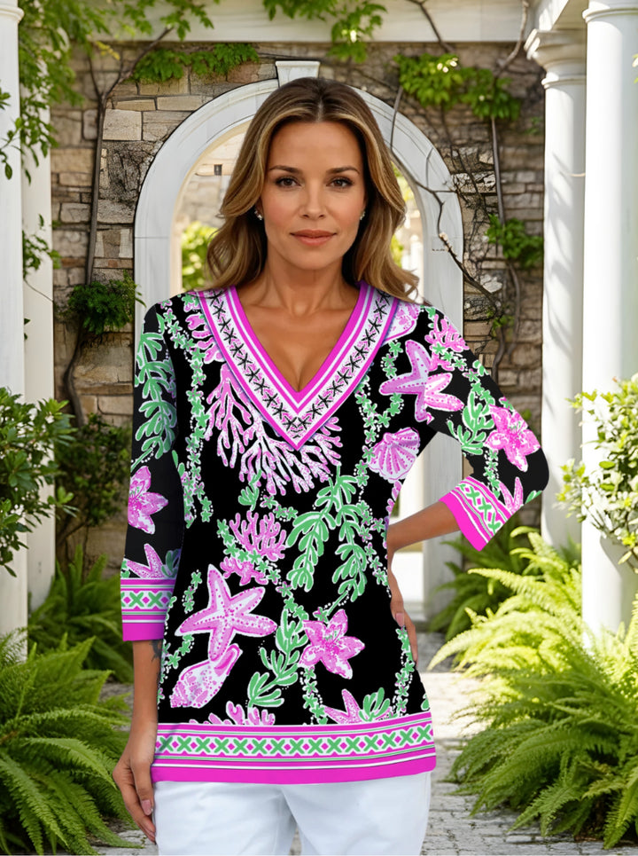Bermuda Reef Print Cotton Knit 3/4 Sleeve V-Neck Top