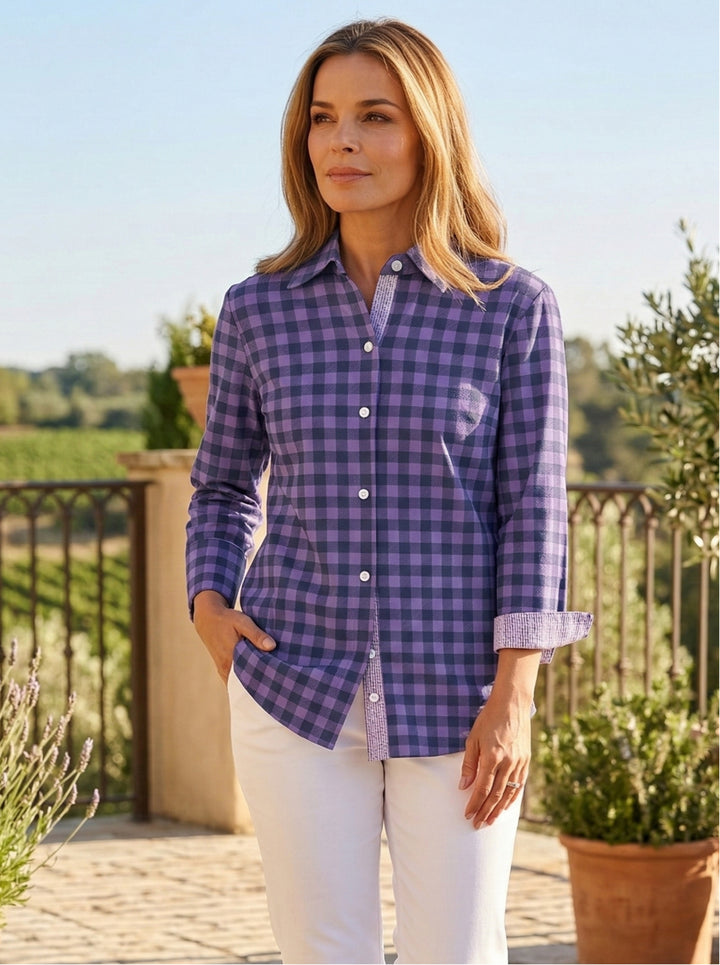 Super Soft Woven 3/4 Sleeve Shirt With Contrast Trim Cuffs &amp; Collar